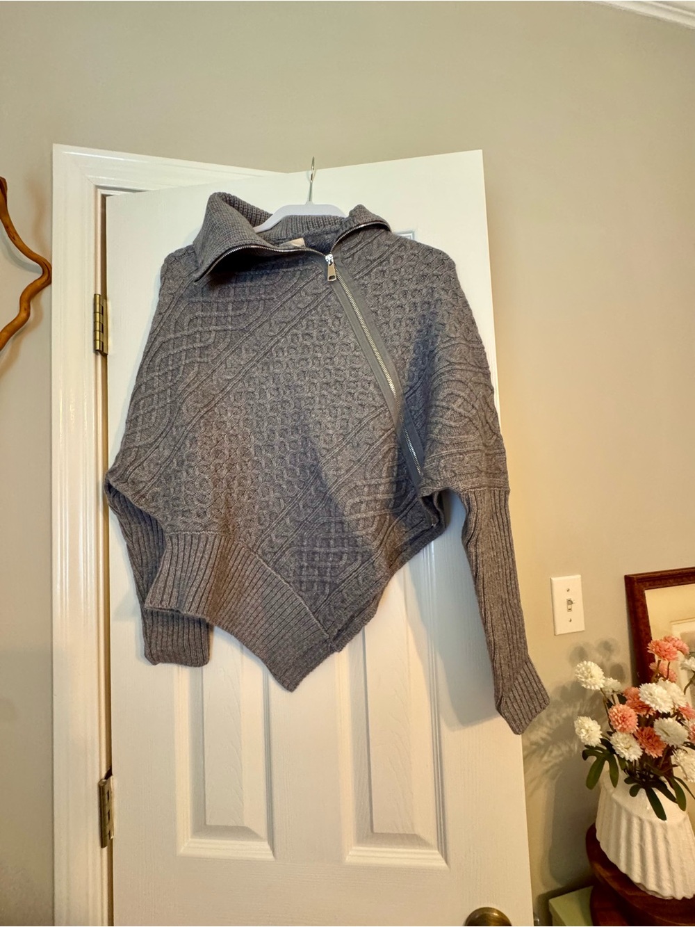Elan Gray Knit Asymmetric Zip Poncho